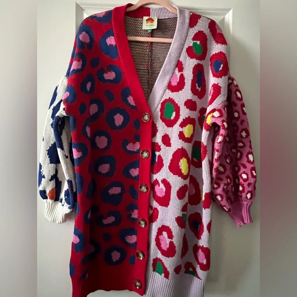 FARM Rio Multi-Color Leopard Patchwork Cardigan - Red, Pink, Blue, Green, Yellow - Picture 1 of 5